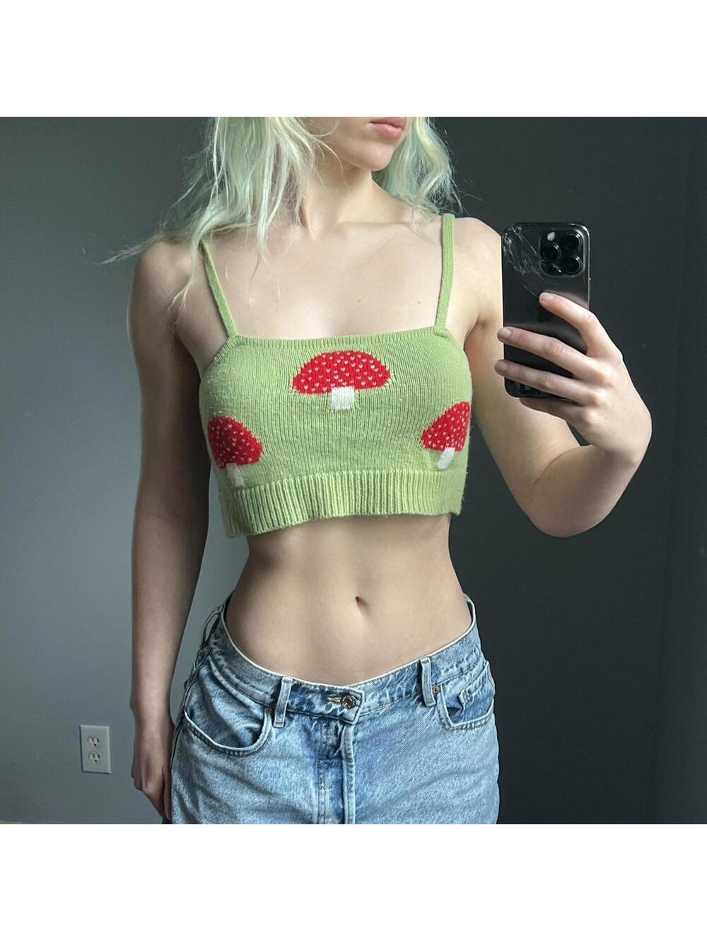Green and red mushroom crop top